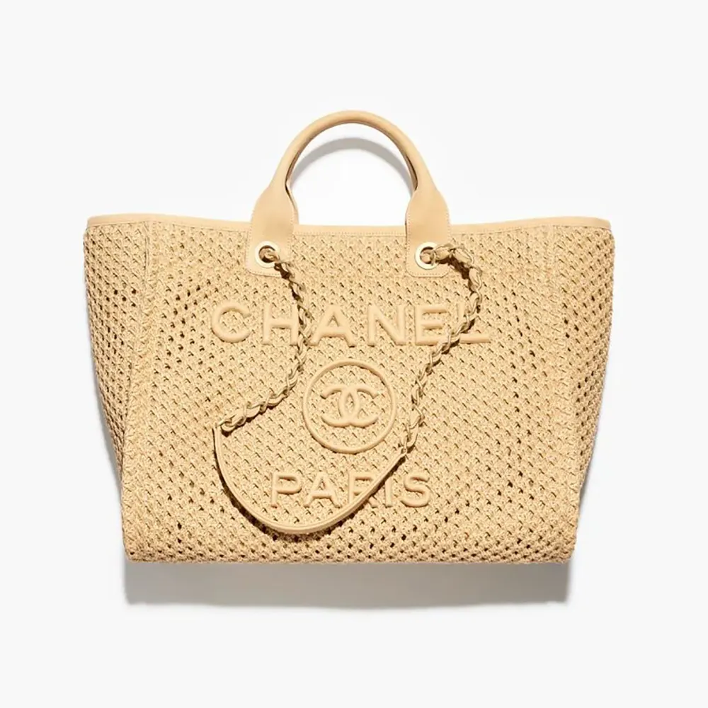 Chanel Women Large Shopping Bag Braided Straw Suede Calfskin & Gold-Tone Metal