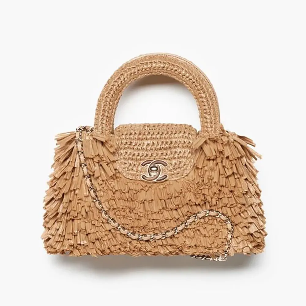 Chanel Women Mini Shopping Bag Raffia-Effect Fabric Wood & Gold-Tone Metal