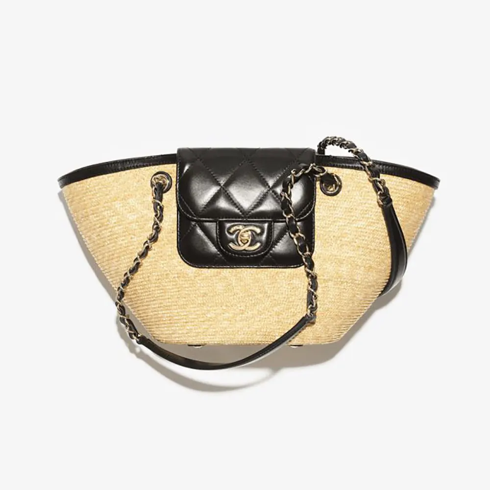 Chanel Women Small Shopping Bag Braided Straw Lambskin & Gold-Tone Metal