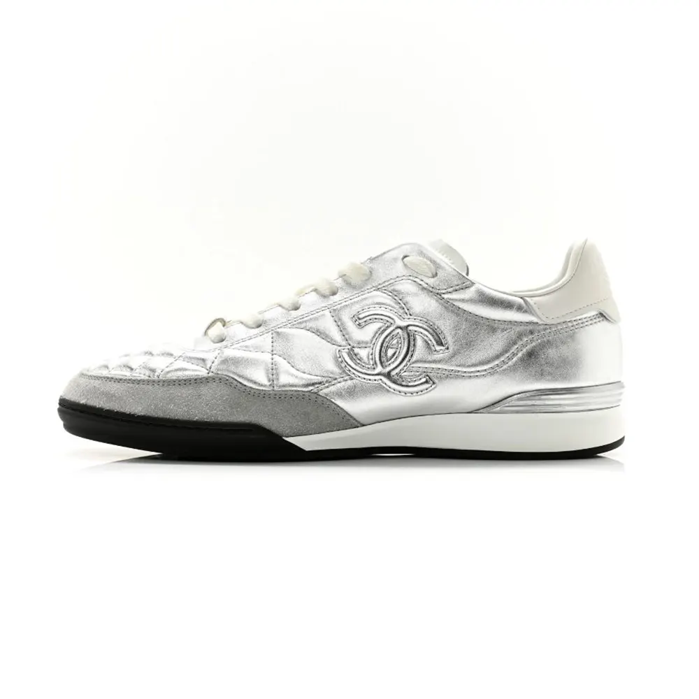 Chanel Women Sneakers Laminated Lambskin & Suede Calfskin Silver & Beige G47008