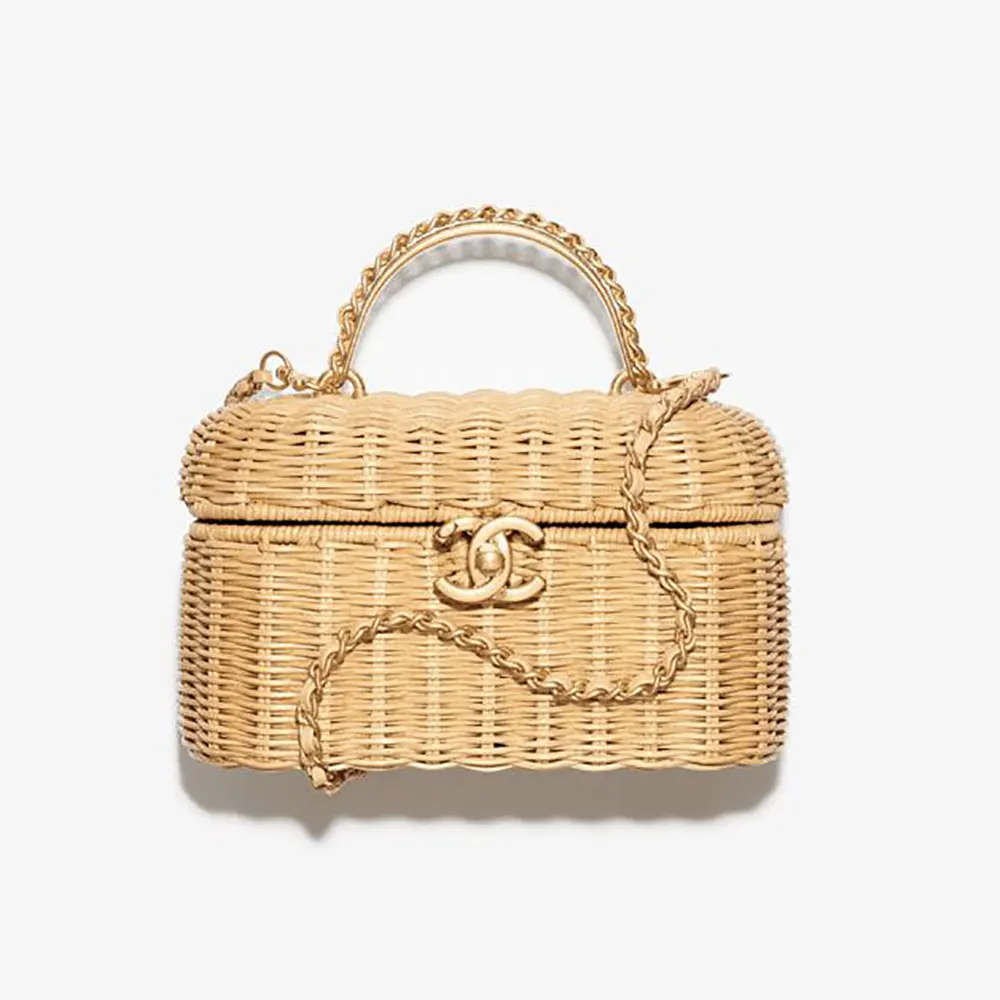 Chanel Women Vanity Case Braided Rattan & Gold-Tone Metal-Beige