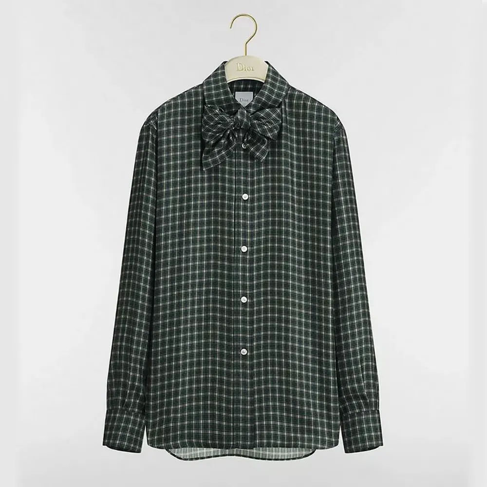 Dior Women Blouse with Removable Bow Tie Green Multicolor Check’n’Dior Silk Twill
