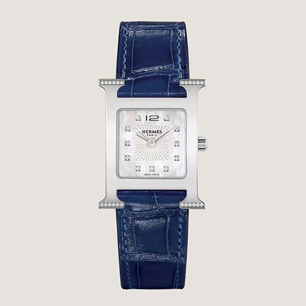 Hermes Women Heure H Watch Small Model Quartz Movement 25 mm in Diamond-set Steel-Navy