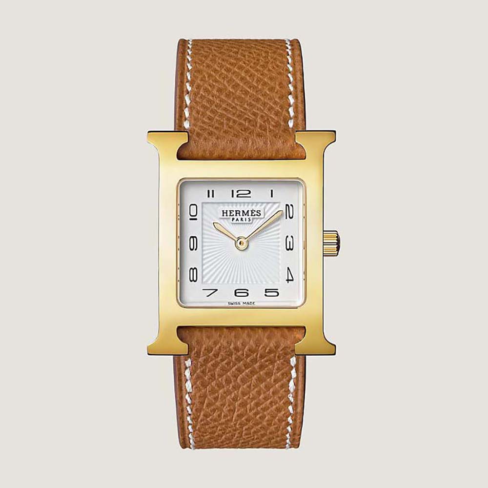 Hermes Women Heure H Watch Small Model Quartz Movement 25 mm in Yellow Gold-Plated Steel-Brown