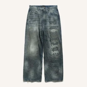 Balenciaga Women Minimal Baggy Pants In Dirty Grey And Light Blue Cotton Denim 857216T