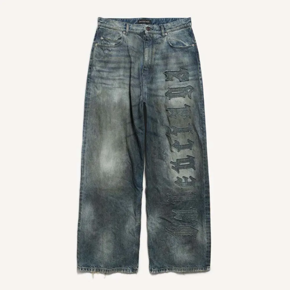 Balenciaga Women Minimal Baggy Pants In Dirty Grey And Light Blue Cotton Denim 857216T