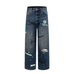 Balenciaga Women Tattoo Baggy Pants in Dark Grey Cotton Denim