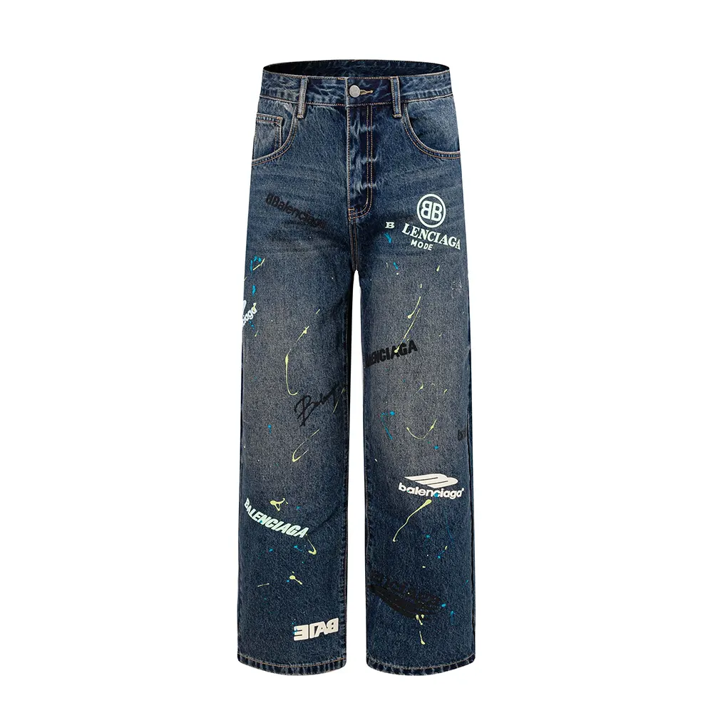 Balenciaga Women Tattoo Baggy Pants in Dark Grey Cotton Denim