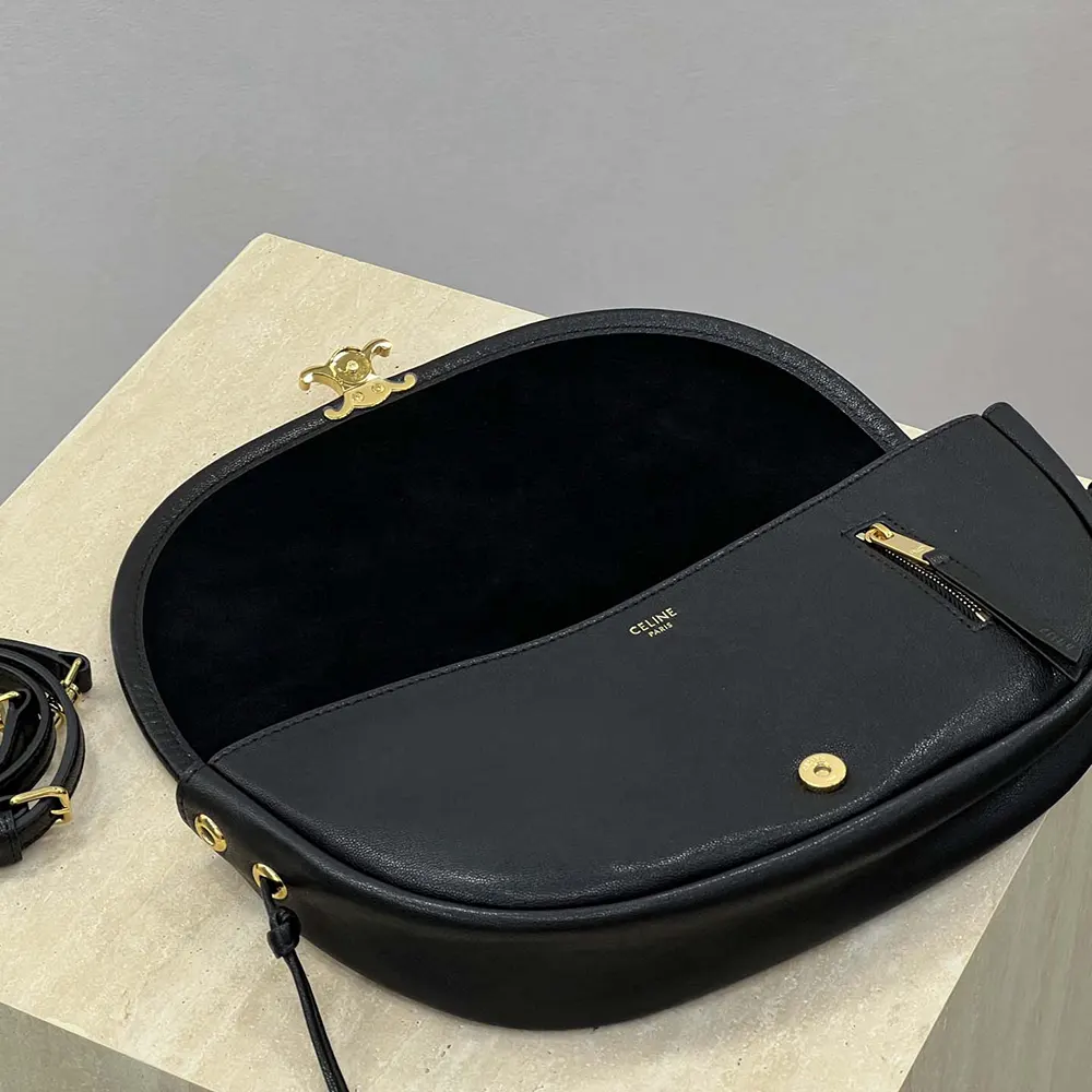 Celine Women Little Halfmoon Soft Triomphe in Supple Shiny Lambskin-Black