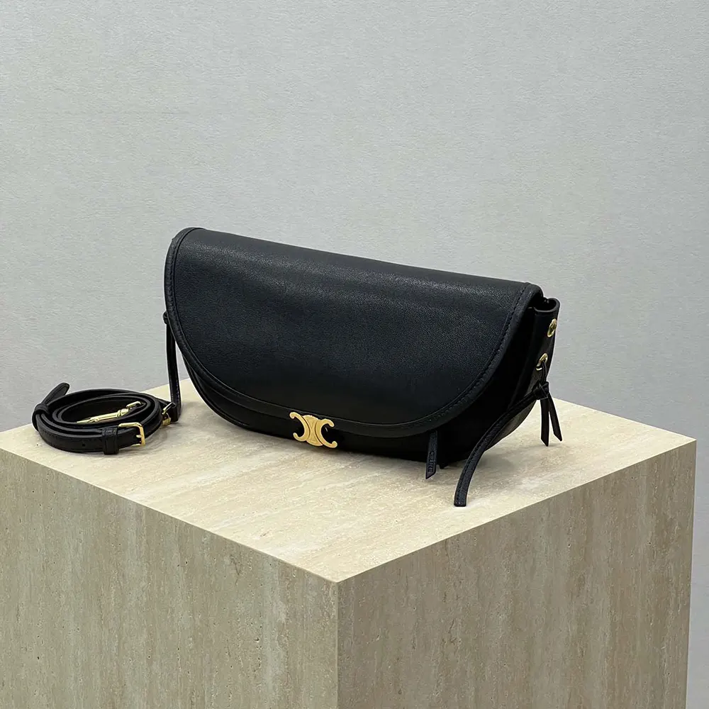Celine Women Little Halfmoon Soft Triomphe in Supple Shiny Lambskin-Black