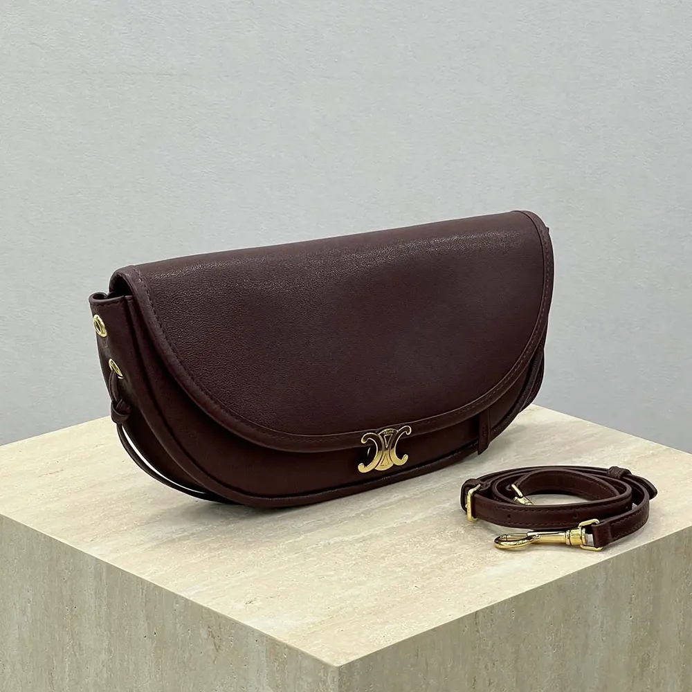 Celine Women Little Halfmoon Soft Triomphe in Supple Shiny Lambskin-Maroon