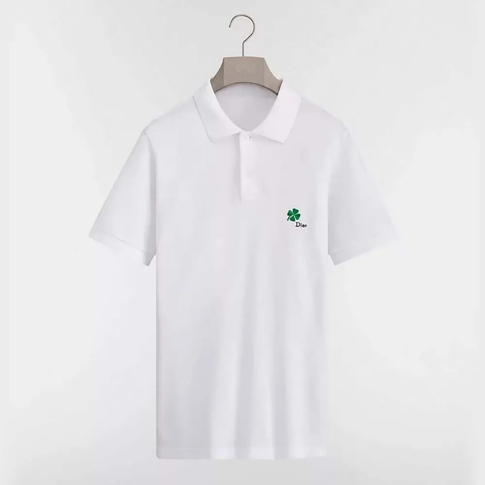 Dior Women Polo Shirt with Dior Clover Embroidery White Cotton Piqué