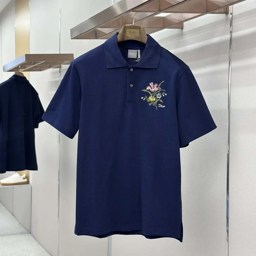 Dior Men Polo Shirt with Dior Secret Garden Embroidery Relaxed Fit Blue Cotton Piqué
