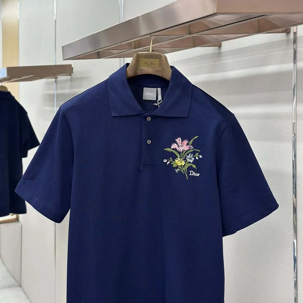 Dior Men Polo Shirt with Dior Secret Garden Embroidery Relaxed Fit Blue Cotton Piqué