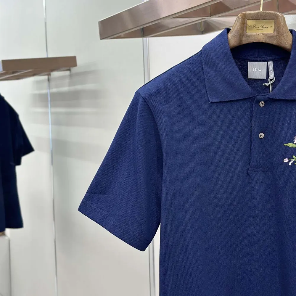 Dior Men Polo Shirt with Dior Secret Garden Embroidery Relaxed Fit Blue Cotton Piqué