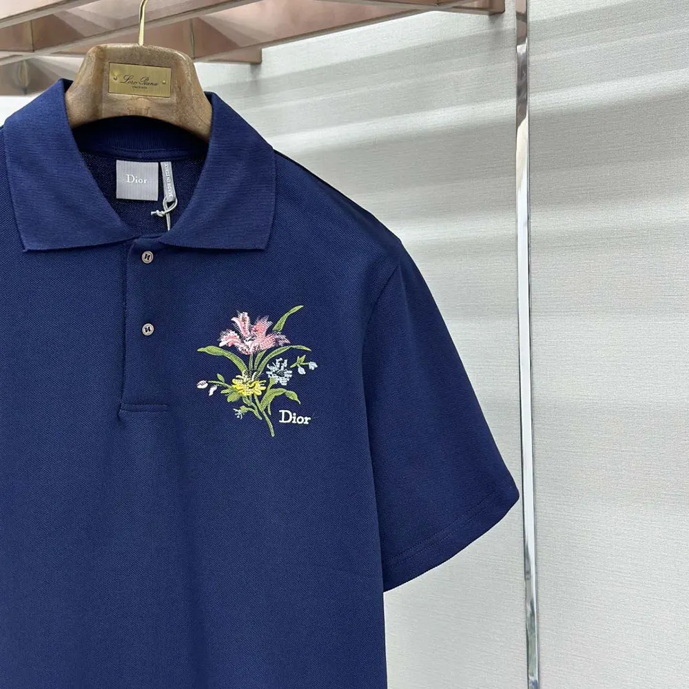 Dior Men Polo Shirt with Dior Secret Garden Embroidery Relaxed Fit Blue Cotton Piqué