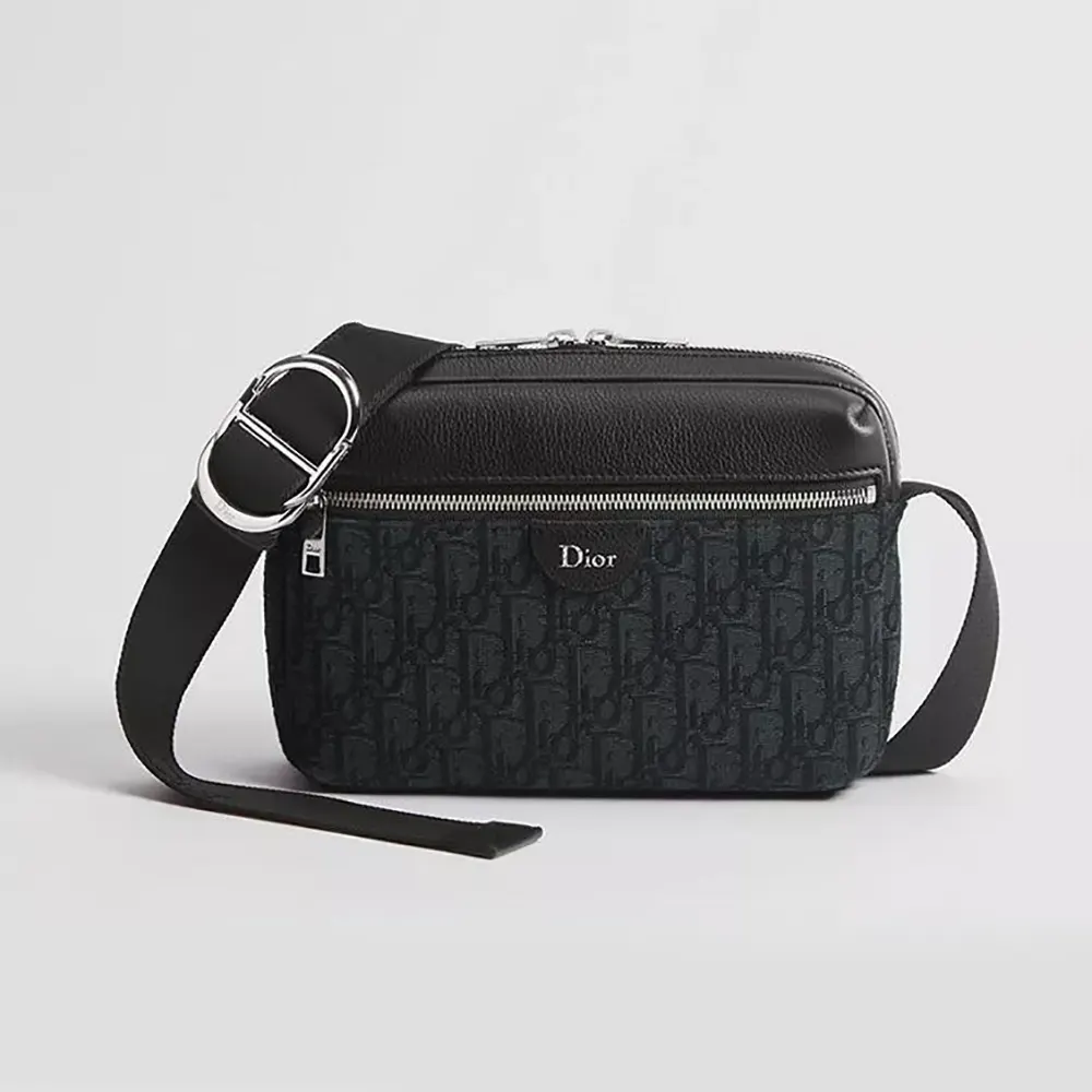 Dior Men Rider Zipped Messenger Bag Black Dior Oblique Jacquard and Black Grained Calfskin