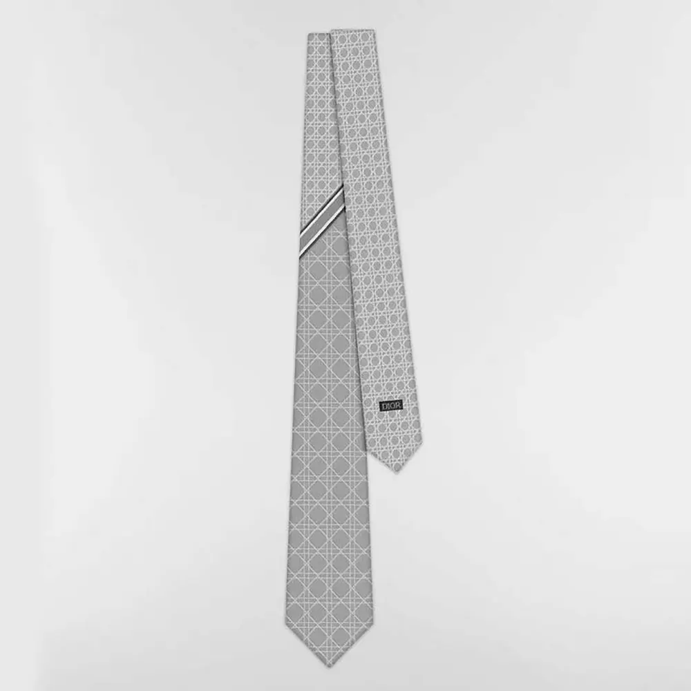 Dior Men Striped Cannage Tie Gray White and Deep Gray Silk 44C1047B0984