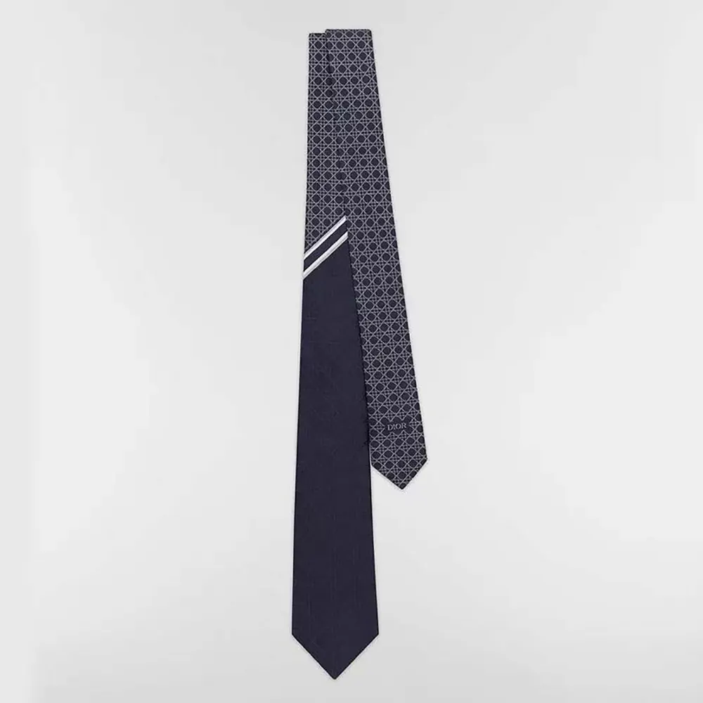 Dior Men Striped Cannage Tie Navy Blue Gray and White Silk 44C1047B0984