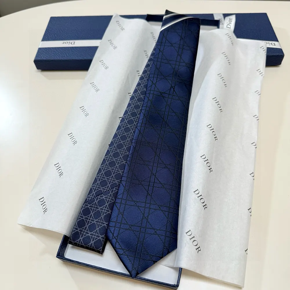 Dior Men Striped Cannage Tie Navy Blue Gray and White Silk 44C1047B0984