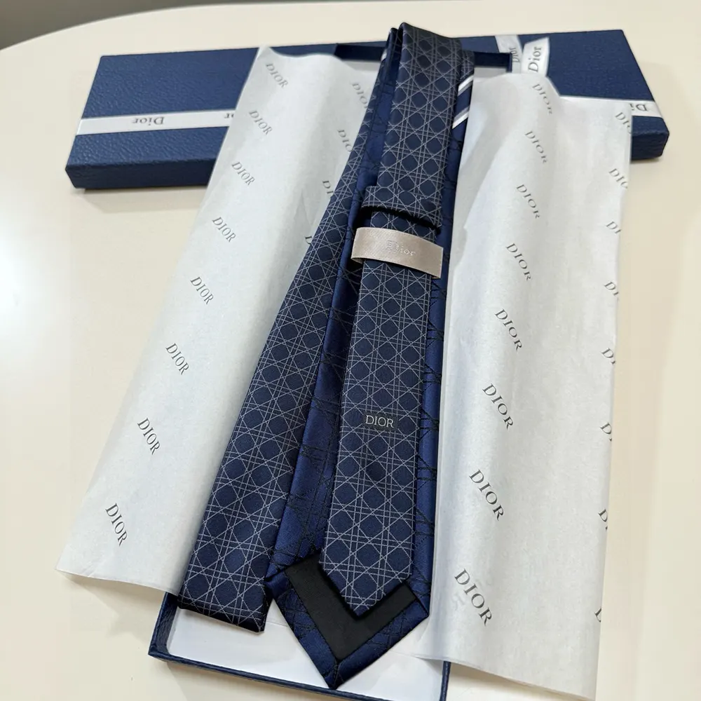Dior Men Striped Cannage Tie Navy Blue Gray and White Silk 44C1047B0984