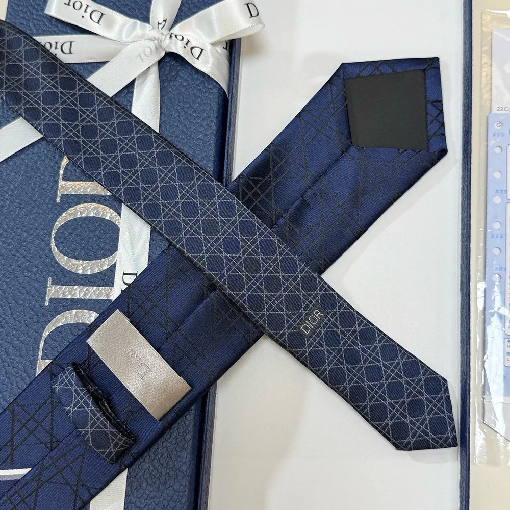 Dior Men Striped Cannage Tie Navy Blue Gray and White Silk 44C1047B0984