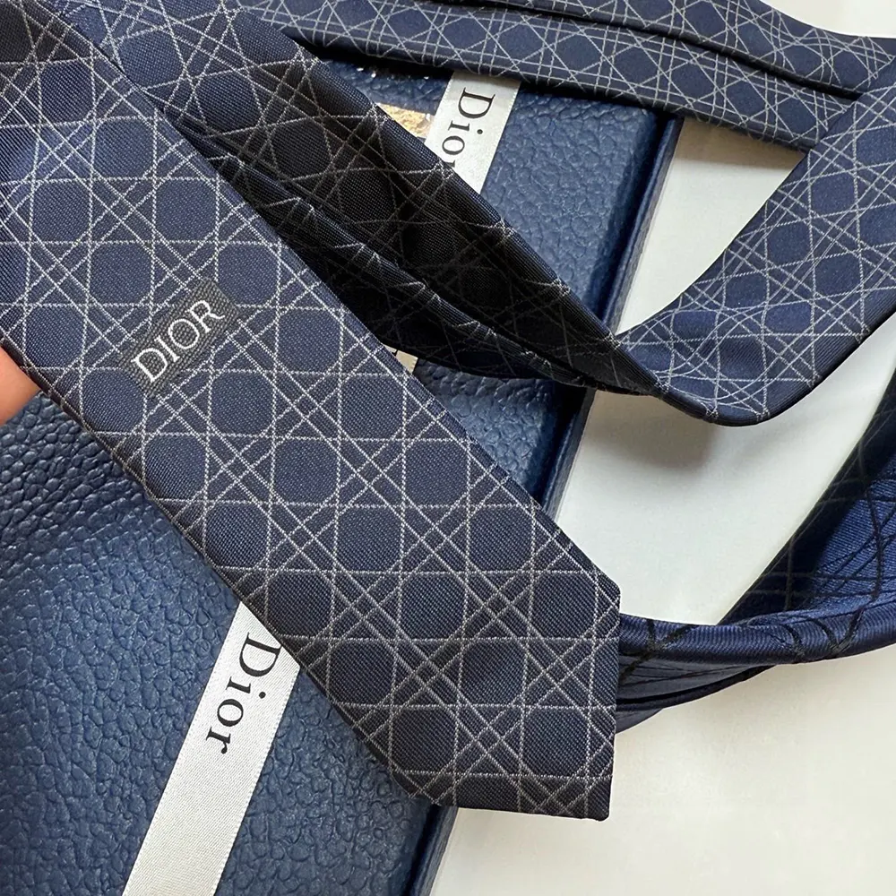 Dior Men Striped Cannage Tie Navy Blue Gray and White Silk 44C1047B0984
