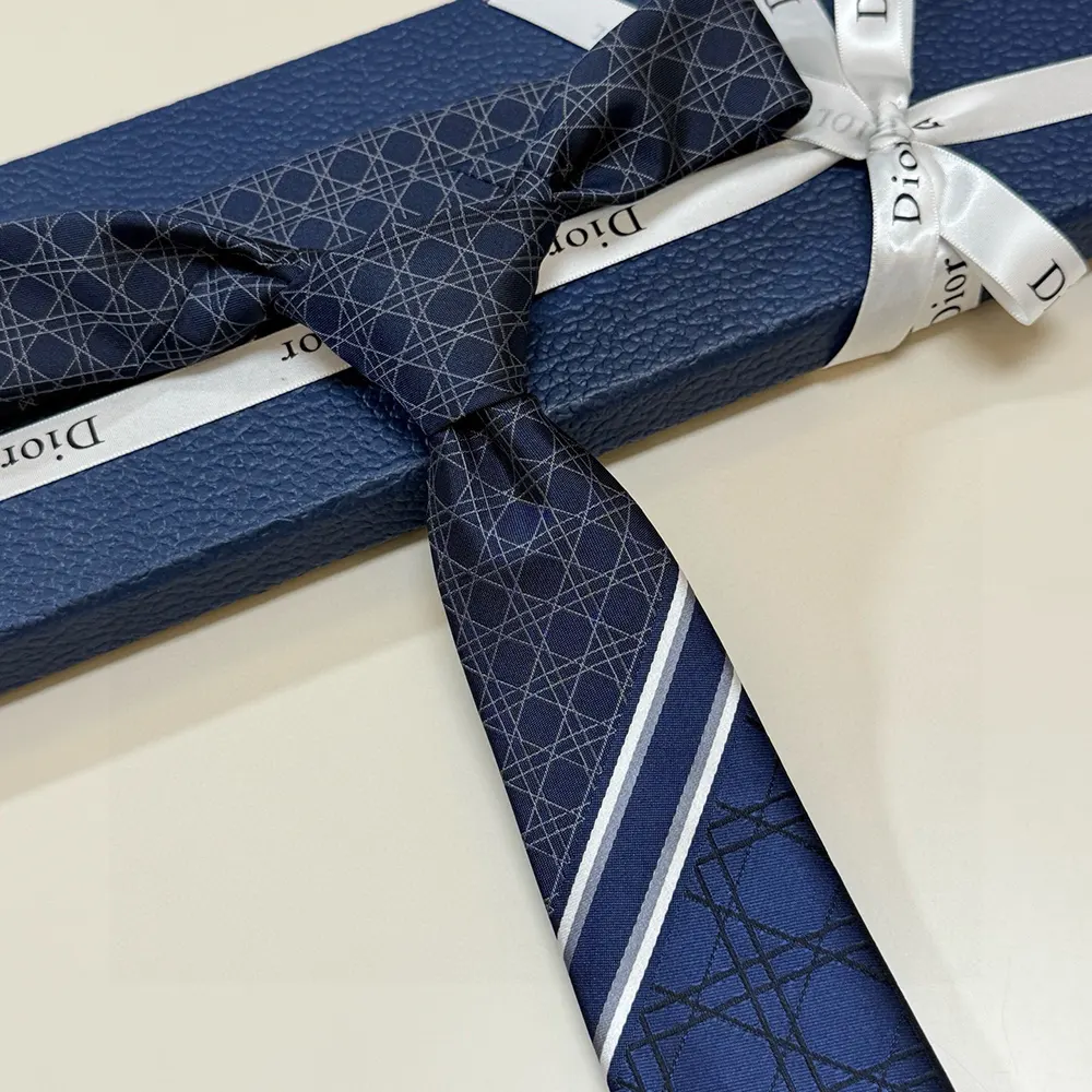 Dior Men Striped Cannage Tie Navy Blue Gray and White Silk 44C1047B0984