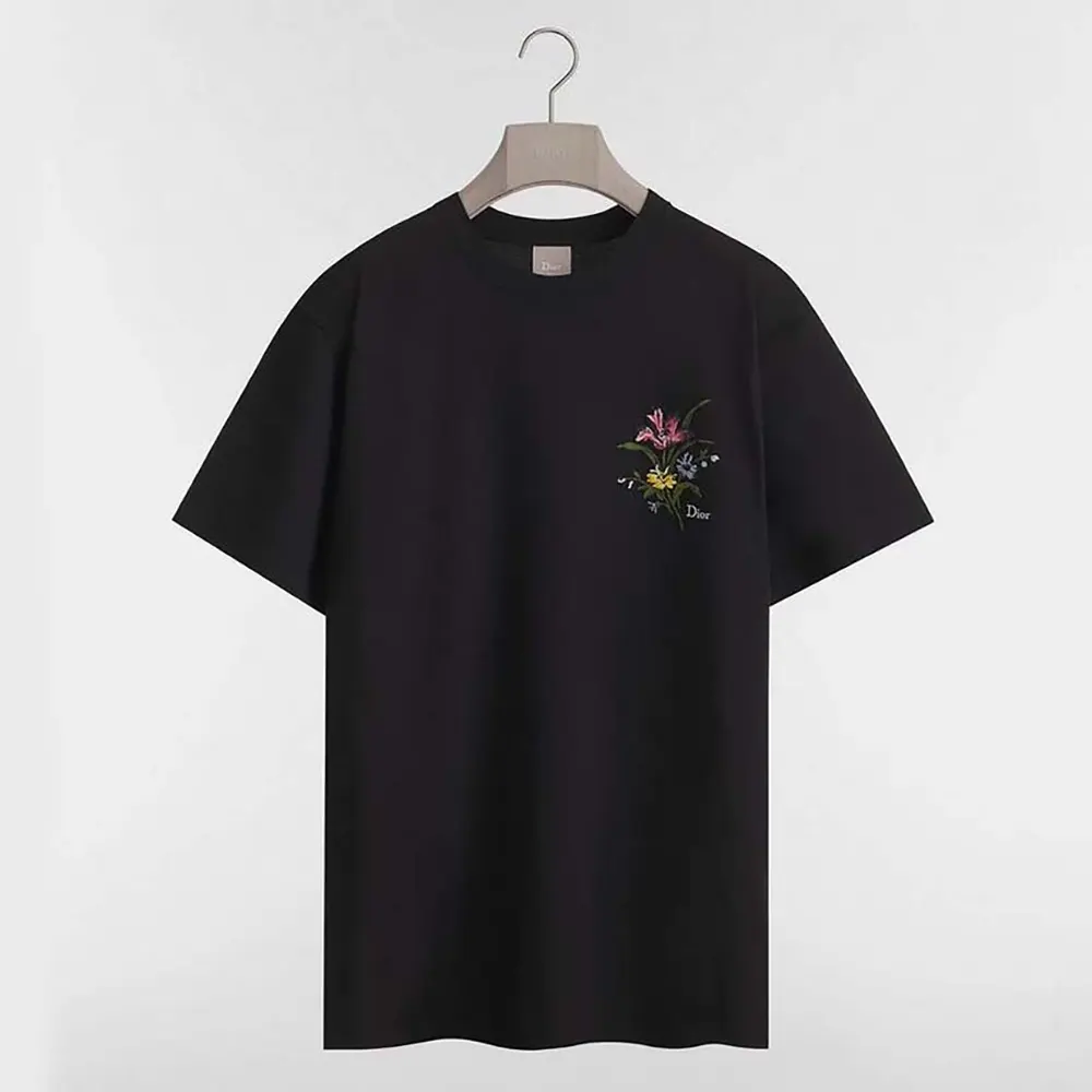 Dior Women T-Shirt with Dior Secret Garden Motif Relaxed Fit Black Cotton Jersey