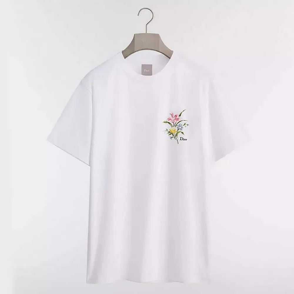 Dior Women T-Shirt with Dior Secret Garden Motif Relaxed Fit White Cotton Jersey