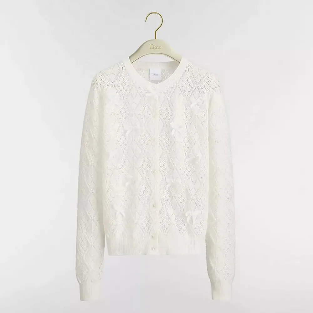 Dior Women Dioriviera Embroidered Cardigan Ecru Openwork Cotton Knit 644G20B7888