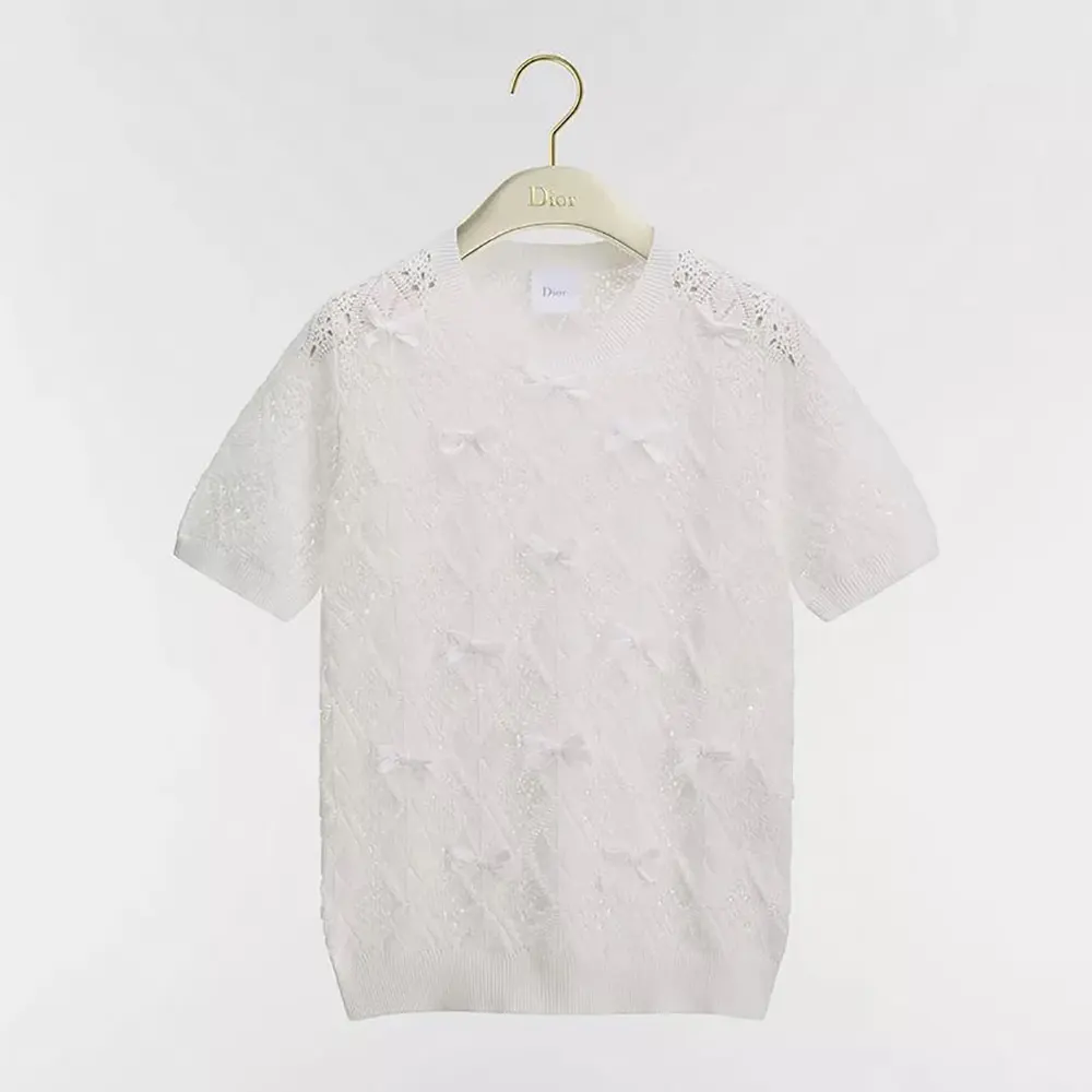 Dior Women Dioriviera Embroidered Short-Sleeved Sweater Ecru Openwork Cotton Knit