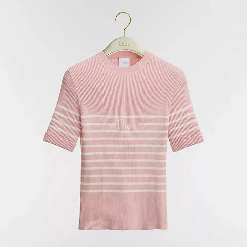 Dior Women Dioriviera Short-Sleeved Fitted Sweater White and Pink D-Stripes Ribbed Cotton Knit