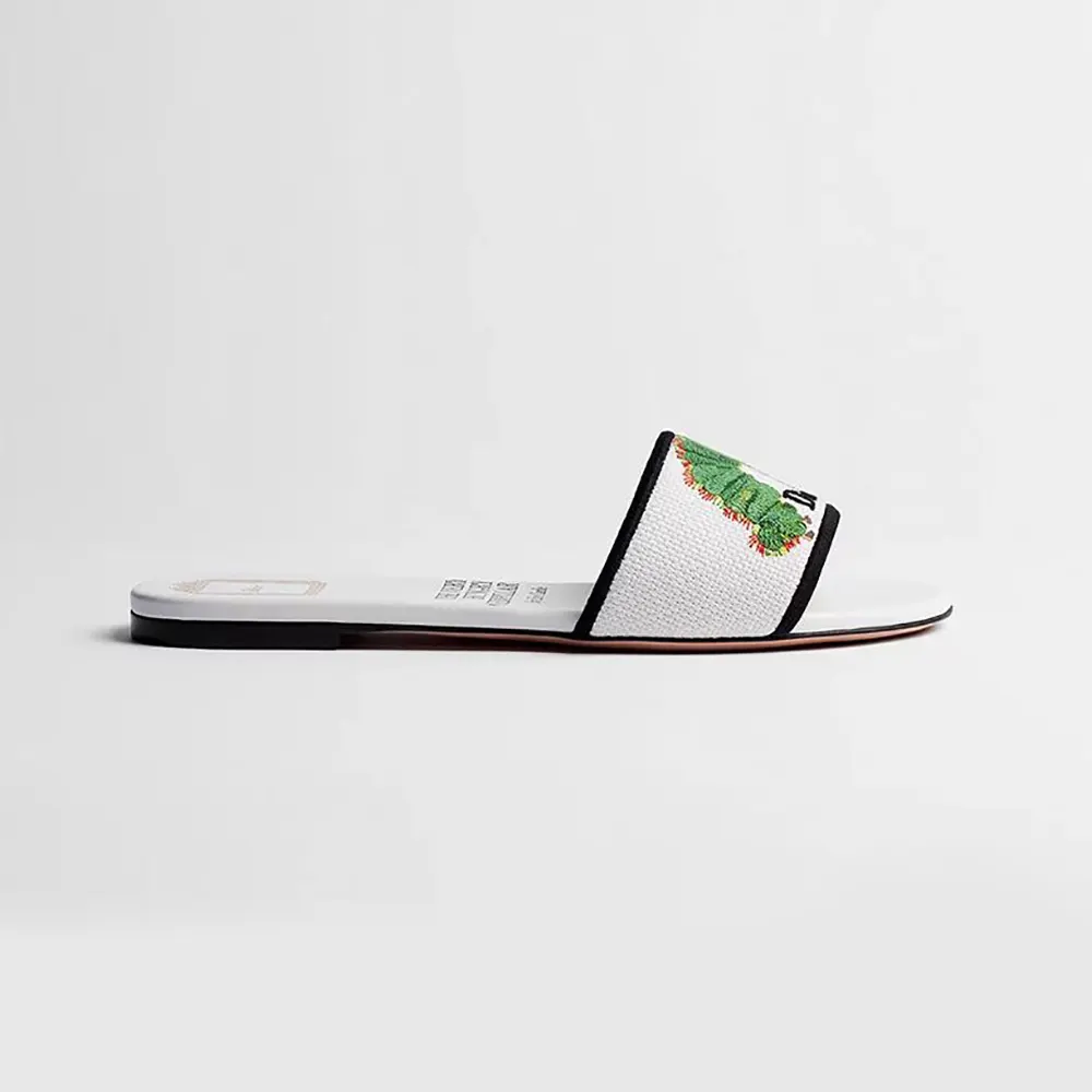 Dior Women Dway Slide White Embroidered Cotton and Multicolor Book Cover Motif