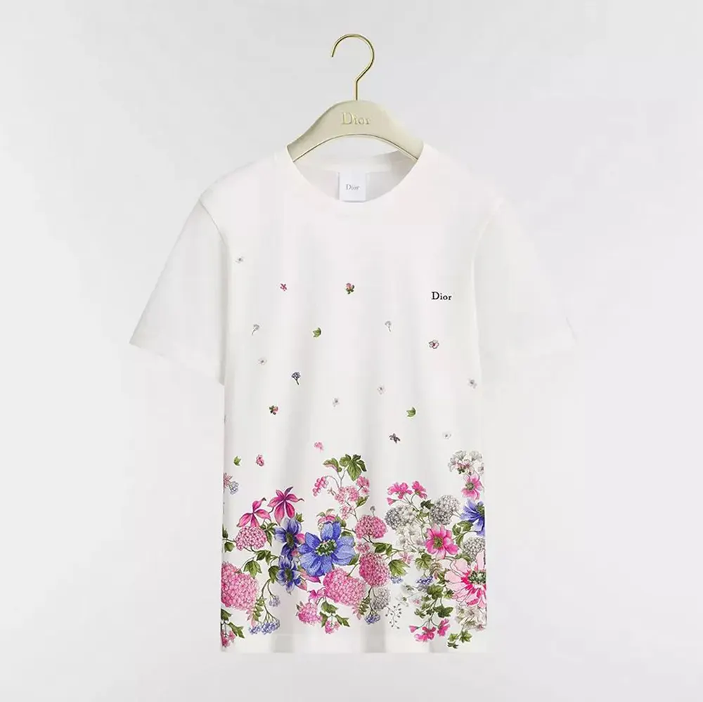 Dior Men Embroidered Fitted T-Shirt White Cotton Jersey with Multicolor Dior Hortensia Garden Motif