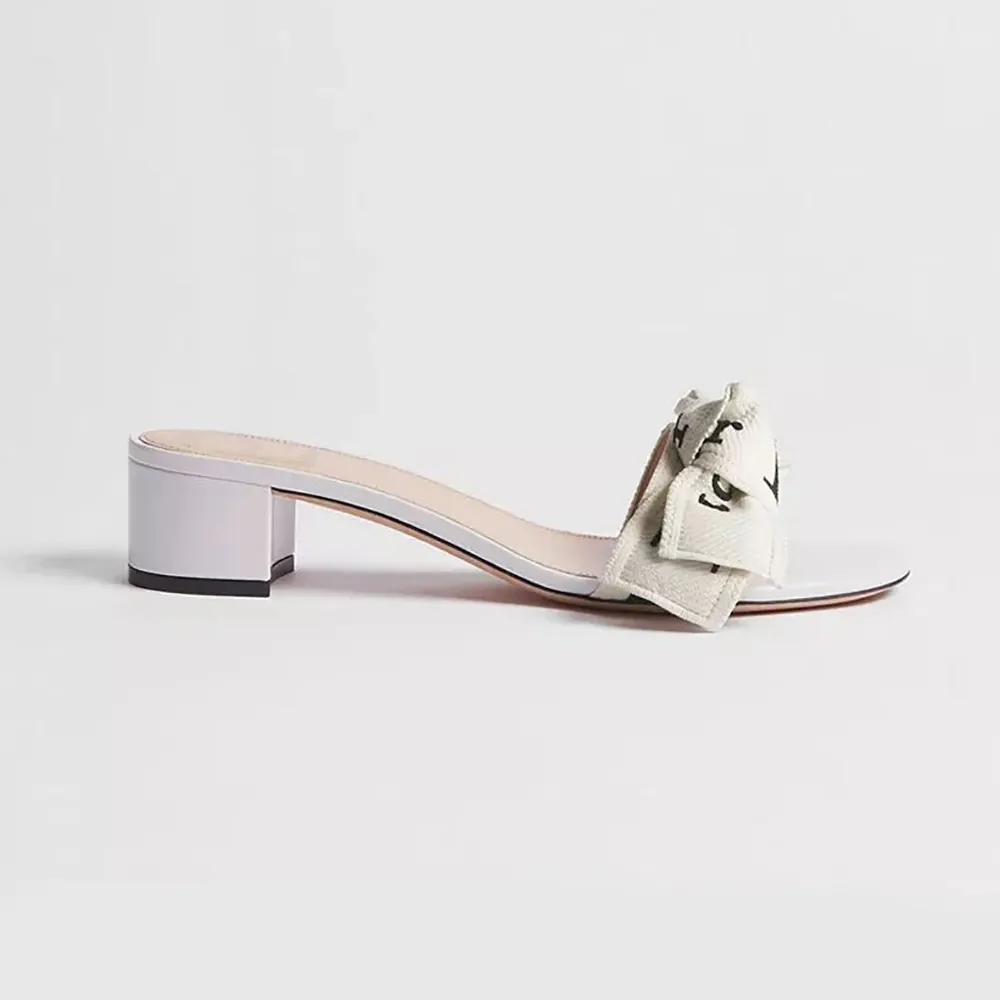 Heeled Slide Ivory Embroidered Cotton