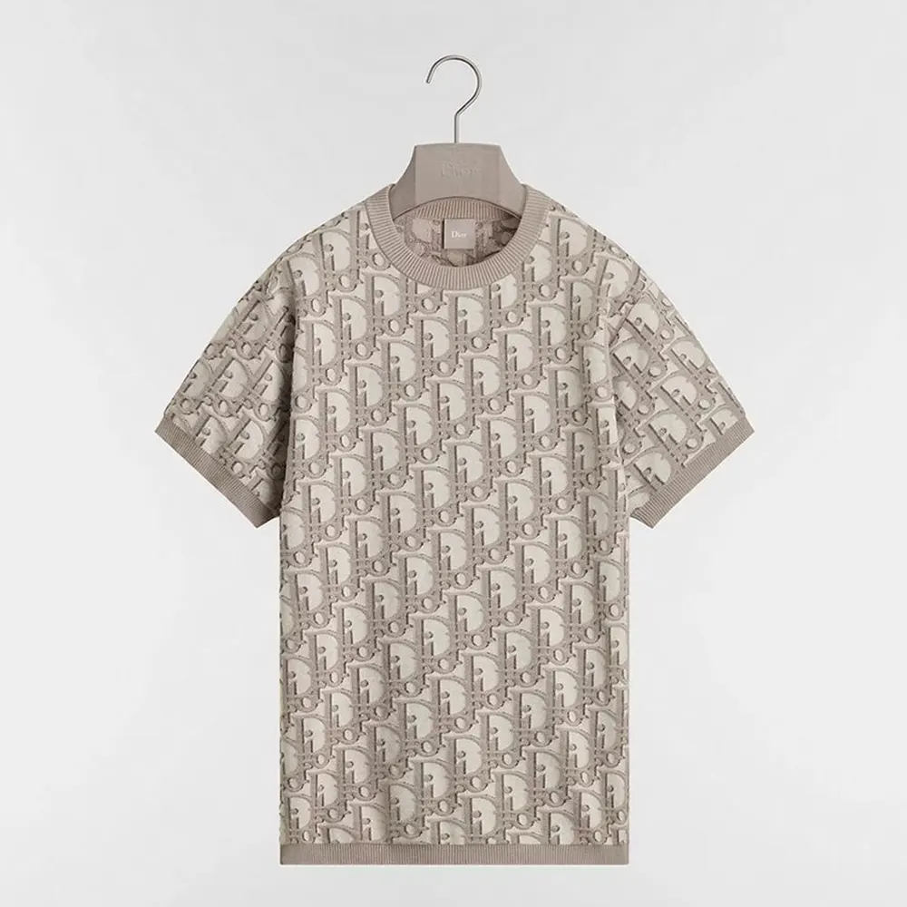 Dior Men Oblique T-Shirt Regular Fit Beige Cotton-Wool-Silk Jacquard 693M619A7040