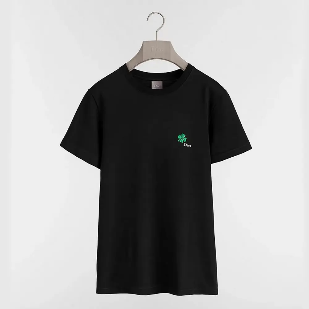Dior Men T-Shirt with Dior Clover Embroidery Regular Fit Black Cotton Jersey