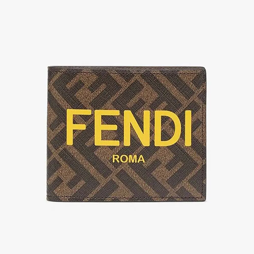Fendi Men Bi-Fold Wallet in ROMA Logo FF Motif Fabric Brown