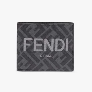 Fendi Men Bi-Fold Wallet in ROMA Logo FF Motif Fabric Gray