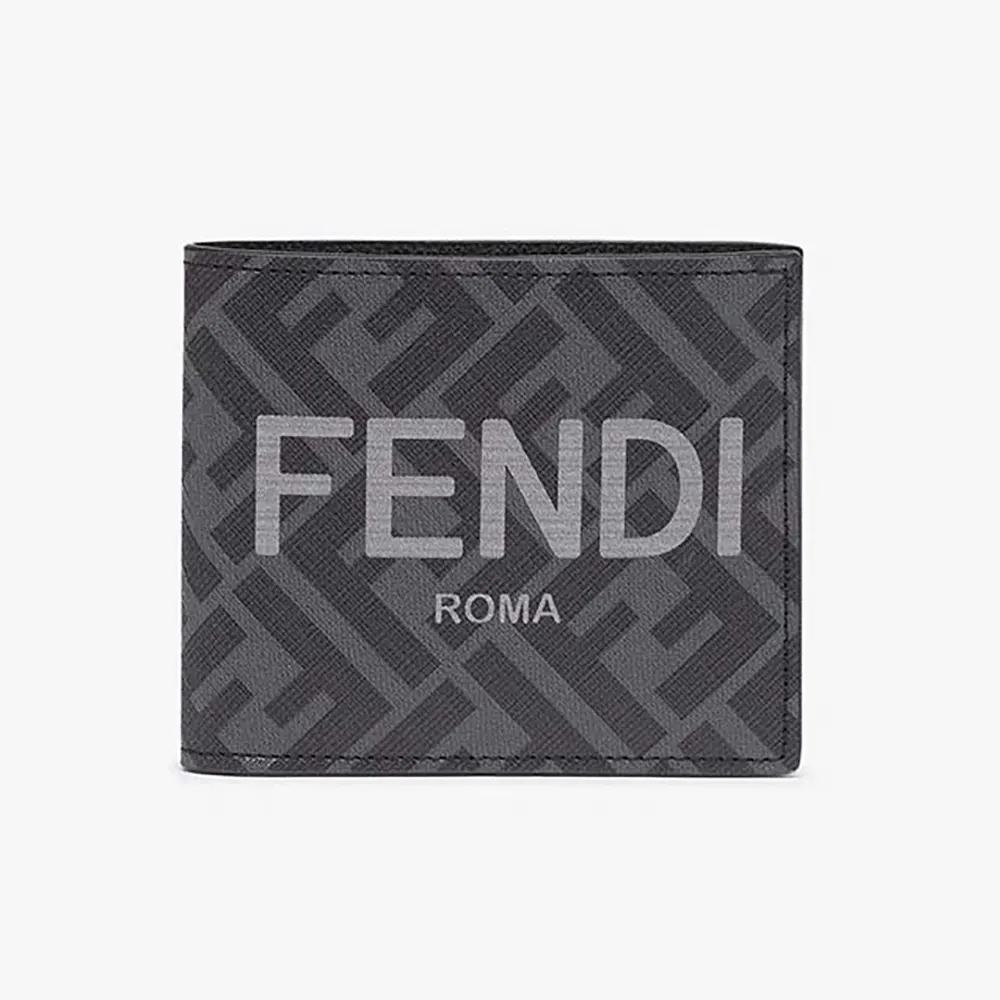 Fendi Men Bi-Fold Wallet in ROMA Logo FF Motif Fabric Gray