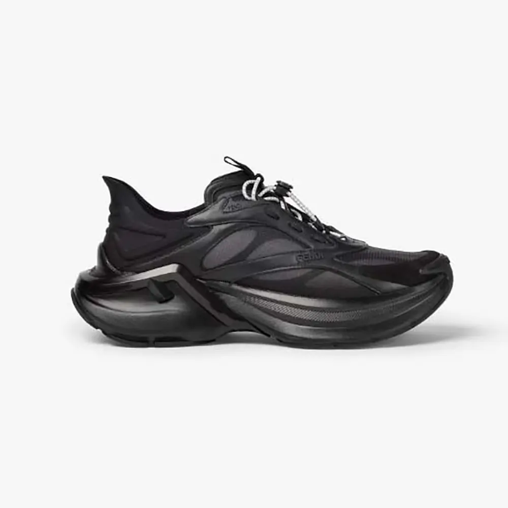 Fendi Unisex F-Light Sneakers Black Leather and Mesh Running Shoes