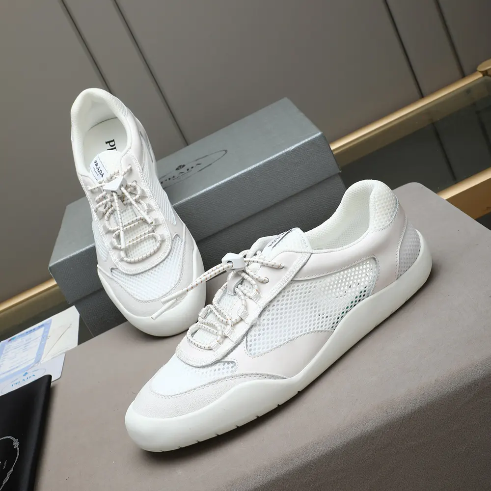 Prada Unisex Speedrock Patent Leather and Mesh Fabric Sneakers-White 2EE468