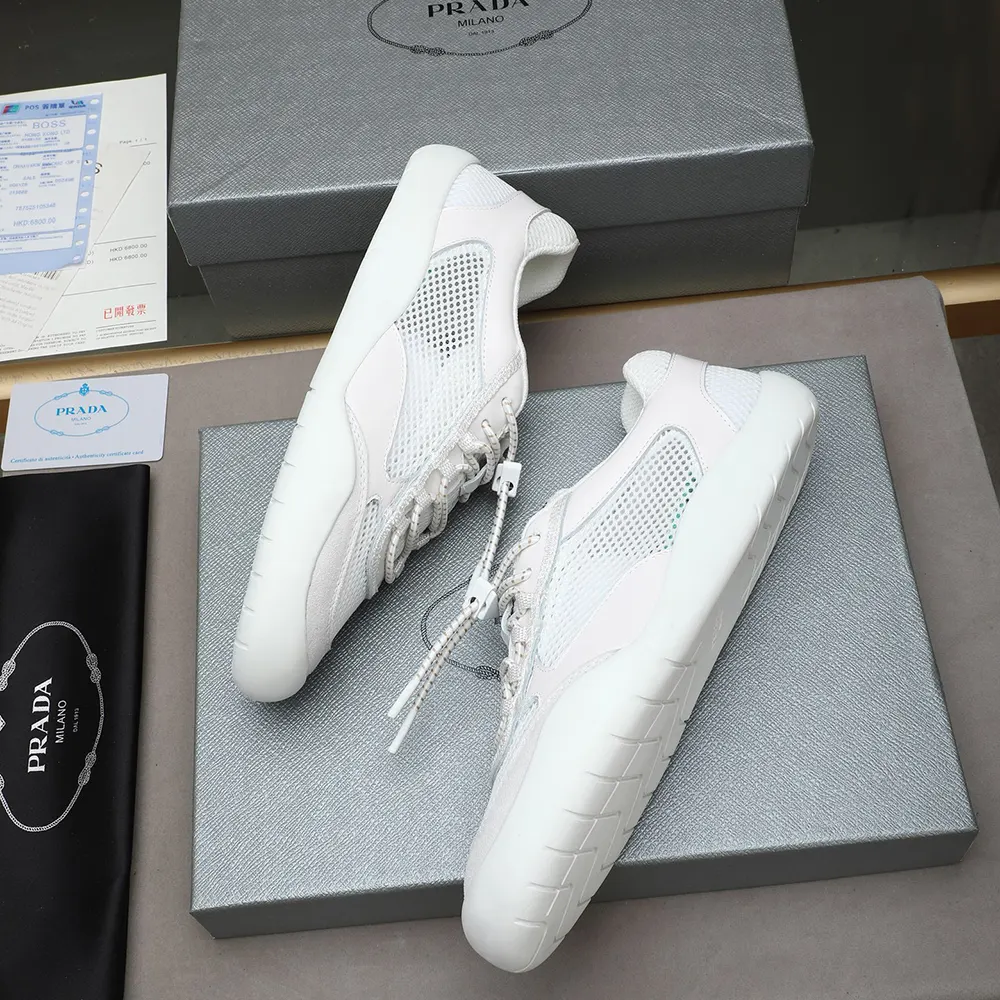 Prada Unisex Speedrock Patent Leather and Mesh Fabric Sneakers-White 2EE468