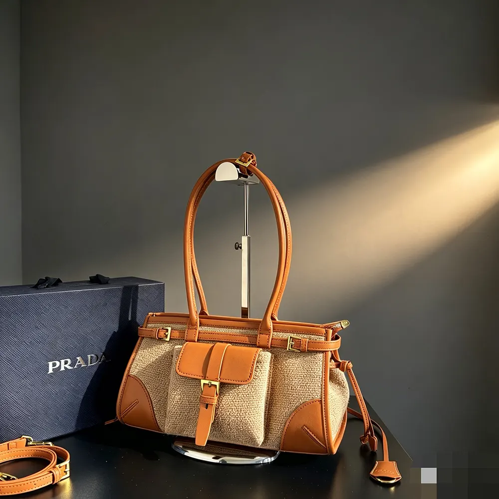 Prada Women Bonnie Medium Linen and Leather Handbag 1BA426P0EF032T