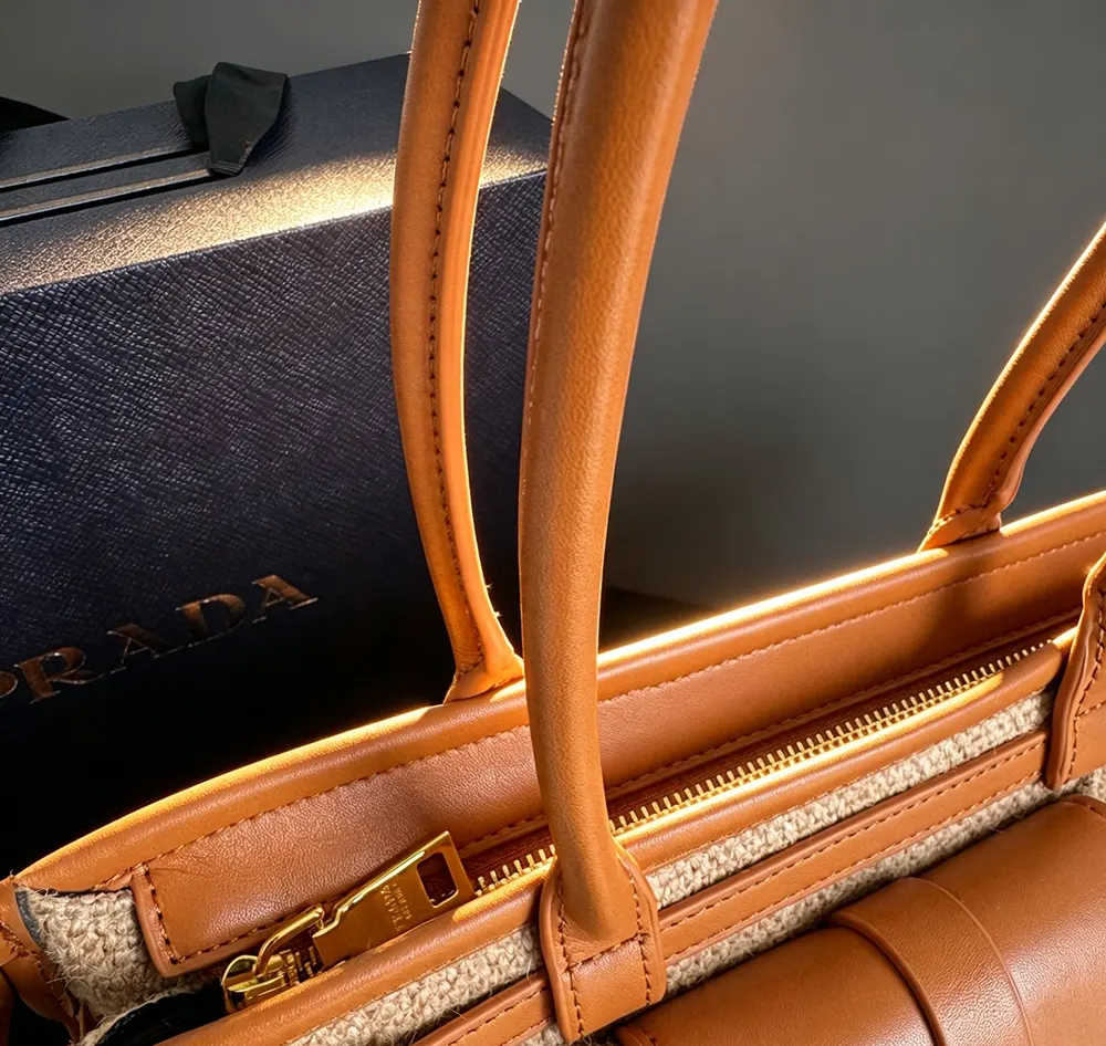 Prada Women Bonnie Medium Linen and Leather Handbag 1BA426P0EF032T