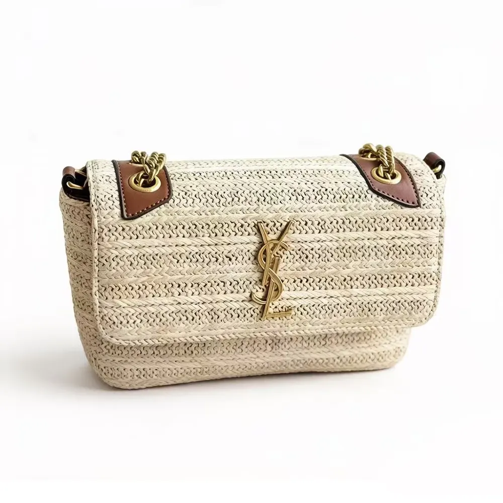 Saint Laurent YSL Women Niki Small Chain Bag in Raffia and Leather-Natural