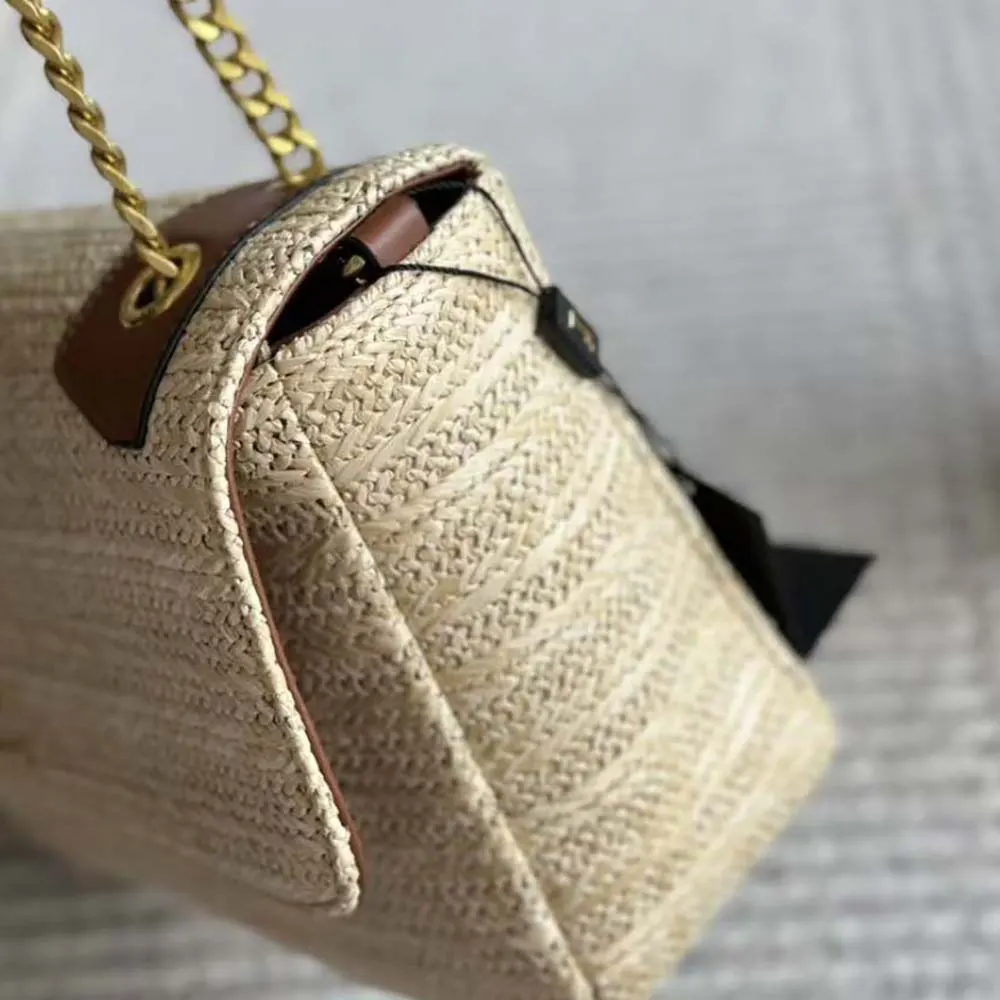 Saint Laurent YSL Women Niki Small Chain Bag in Raffia and Leather-Natural