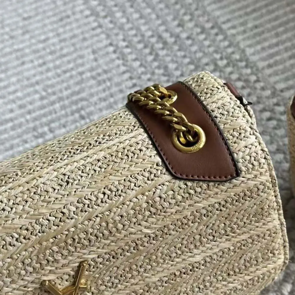 Saint Laurent YSL Women Niki Small Chain Bag in Raffia and Leather-Natural