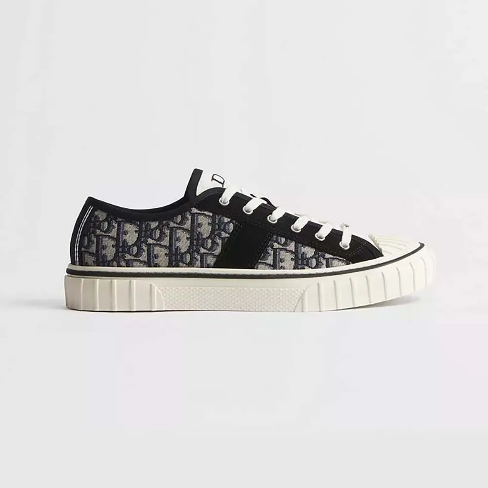 Dior Unisex Hooper Low-Top Sneaker Beige and Blue Dior Oblique Jacquard and Black Suede Calfskin